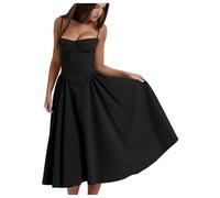 Jinsha Vintage-Sexy Elegante-Vestito Estivo-Abito Lungo Senza Maniche Spaghetti Cinghie Casual Vacanza Spiaggia Matrimonio Festa Festivo A-Line Abito Tinta Solida con Tasche Vestido Donne Nero M