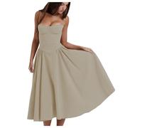 Jinsha Vintage-Sexy Elegante-Vestito Estivo-Abito Lungo Senza Maniche Spaghetti Cinghie Casual Vacanza Spiaggia Matrimonio Festa Festivo A-Line Abito Tinta Solida con Tasche Vestido Donne Marrone L