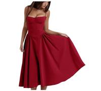 Jinsha Vintage-Sexy Elegante-Vestito Estivo-Abito Lungo Senza Maniche Spaghetti Cinghie Casual Vacanza Spiaggia Matrimonio Festa Festivo A-Line Abito Tinta Solida con Tasche Vestido Donne Rosso M