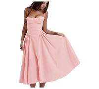 Jinsha Vintage-Sexy Elegante-Vestito Estivo-Abito Lungo Senza Maniche Spaghetti Cinghie Casual Vacanza Spiaggia Matrimonio Festa Festivo A-Line Abito Tinta Solida con Tasche Vestido Donne Rosa M