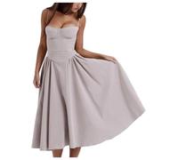 Jinsha Vintage-Sexy Elegante-Vestito Estivo-Abito Lungo Senza Maniche Spaghetti Cinghie Casual Vacanza Spiaggia Matrimonio Festa Festivo A-Line Abito Tinta Solida con Tasche Vestido Donne Grigio S