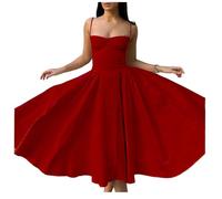 Jinsha Vintage Sexy Vestito Lungo Estivo Abito Senza Maniche Spaghetti Cinghie Casual Vacanza Festivo A-Line Abito Tinta Solida con Tasche Donne Rosso L