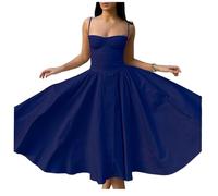 Jinsha Vintage Sexy Vestito Lungo Estivo Abito Senza Maniche Spaghetti Cinghie Casual Vacanza Festivo A-Line Abito Tinta Solida con Tasche Donne Blu S