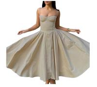 Jinsha Vintage Sexy Vestito Lungo Estivo Abito Senza Maniche Spaghetti Cinghie Casual Vacanza Festivo A-Line Abito Tinta Solida con Tasche Donne Marrone M