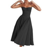 Jinsha Vintage Sexy Vestito Lungo Estivo Abito Senza Maniche Spaghetti Cinghie Casual Vacanza Festivo A-Line Abito Tinta Solida con Tasche Donne Nero XL