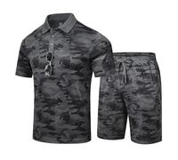 JINSHI Tuta Uomo Completo Corto 2 Pezzi Estiva Tuta Sportiva Polo Manica Corta e Pantaloncini con Tasche Camo Grigio XXL