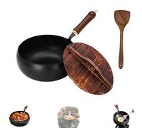 Jinswhdre Cast Iron Skillet, Japanese Iron Pan, Hand-Forged Non-stick Pans Without Coating,Durable and Versatile Cookware, High Purity Frying Pans for Cooking (Wooden Lid,24CM)