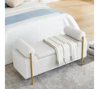 Jintop Elegante panca imbottita in lino da 111,8 cm, con braccioli cilindrici, lussuosa ottomana multifunzionale, con gambe in ferro, per soggiorno/camera da letto/estremità del letto, bianco