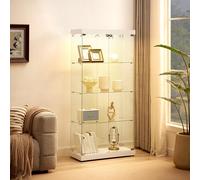 Jintop Vetrina a 4 ripiani in vetro con doppia anta e rotelle/piedini regolabili/quattro partizioni, armadio a pavimento con due serrature e 2 luce gialla calda, per camera da letto e showroom, bianco