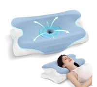 JINXIA Cuscino Cervicale, Cuscino Ortopedico e Ergonomico per Dormire, Cuscino Ergonomico Cervicale per Tutte le Posizioni, con Federa Rimovibile, Blu Bianco