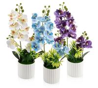 JINXIAN 3 Pezzi Orchidea Finta 35 cm Fiori Artificiali in Vaso 12 Orchidee | Fiore Come Veri con Foglie per Tavolo Soggiorno Decorazione Davanzale (Bianco Blu Viola)