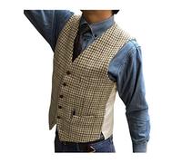 JinXuanYa Champagne Tweed Gilet Pied de Poule da Uomo Gilet in di Lana Risvolto Panciotto Casual Slim Fit su Misura per Groomsmen di Nozze da Esterno-L