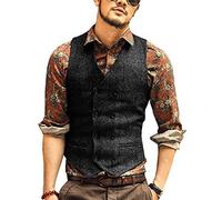 JinXuanYa Gilet da Uomo Gilet Casual Panciotto su Misura Slim Fit Risvolto in Tweed di Lana a Spina di Pesce Gilet Scozzese per Groomsmen di Nozze(M,Nero)