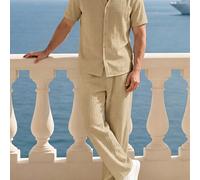 JINYA Set estivo casual da uomo con camicia e pantaloni lunghi, stile vacanza mediterranea, minimalista, maturo, casa, ufficio, esterno, città, vestibilità regolare, giovanile, semplice, campus, vinta