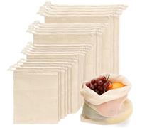 Jinzhenhong 20 sacchetti riutilizzabili in rete di cotone, con doppia cucitura con coulisse, per shopping, trasporto e conservazione di frutta e verdura, Beige, 4 Size, fasion