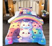Jiospet Rainbow Cat Comforter Twin Size - Biancheria da letto con gatto arcobaleno per la camera delle ragazze carino cartone animato arcobaleno biancheria da letto doppio set per bambini, 1 piumino +