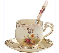 Jiotouhu Tazze Piattini Set con cucchiai, Vintage Retro Lotus Fantasia Bone China 3-Pezzi Set Ceramica Tè Caffè Tazze da tè Porcellana Floreale Ceriemico Tazze (Lotus, 1)