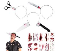 Jiounie Fascia Horror Spaventosa di Halloween, Forbici e Siringa + 10 Adesivi Tatuaggi Cicatrici, cerchietto coltello halloween, Cerchietto Halloween Realistico per Costumi Bambini e Adulti