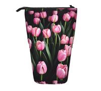JIPOFD Rosa e Tulipani Custodia in piedi, Carino Stand Up Pen Pouch,Portamatite Portatile, Per Forniture Per Ufficio, Nero, One Size, Alla moda