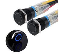 JIQI 2 × 12 mm Interruttore a pulsante a scatto da 12V a 24V 2A Interruttore a pulsante in metallo nero a scatto impermeabile Interruttore ON/OFF a scatto illuminato a LED con IP66 1NO (blu)