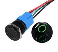 JIQI 22mm Interruttore a pulsante a scatto da 12V a 24V 5A IP66 1NO 1NC Interruttore a pulsante in metallo nero a scatto impermeabile Pulsante a scatto on/off precablato illuminato a LED (verde)