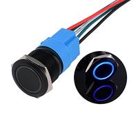 JIQI 22mm Interruttore a pulsante a scatto da 12V a 24V 5A IP66 1NO 1NC Interruttore a pulsante in metallo nero a scatto impermeabile Pulsante a scatto on/off precablato illuminato a LED (blu)