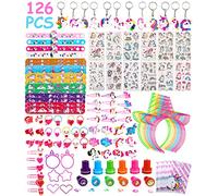 Jissta 126 Pezzi Gadget Unicorno Compleanno Bambina,Unicorno Festa Compleanno,Fascia Braccialetto Portachiavi Timbro Tatuaggio Segnalibro Anello Sacchetti Regalo,Gadget Compleanno Bambina
