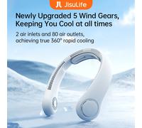 JISULIFE Ventilatore da collo portatile aggiornato, batteria da 5000 mAh, supporto da collo, regolazione delle ingranaggi a 5 velocità, ventilatore vivavoce indossabile per esterni