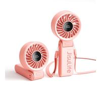 JISULIFE Ventilatore portatile, potente ventilatore portatile con display LED, massimo 19,5 ore, 5000 mAh, 3 in 1 mano/scrivania/collo ventilatore, mini ventilatore da viaggio (rosa)