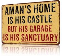 JIUFOTK Accessori in metallo per garage Man Cave per uomini La casa di un uomo è il suo castello, ma il suo garage è il suo santuario Metallo vintage per garage Man Cave 12x16 pollici
