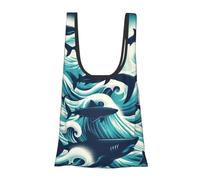 JIUFOTK Borsa per la spesa pieghevole e riutilizzabile con motivo squali che nuotano tra le onde dell'oceano, borsa portatile per la spesa quotidiana
