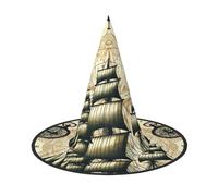 JIUFOTK Cappello da strega di Halloween con timone di nave e barche a vela antiche, con parte superiore pieghevole, cappello pieghevole per feste e cosplay