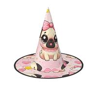 JIUFOTK Cappello da strega di Halloween Kawaii-Pug-Love con parte superiore pieghevole, cappello da costume pieghevole per feste e cosplay