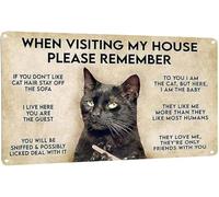 JIUFOTK Cartelli decorativi da parete vintage in metallo, divertenti e sarcastici, con scritta in metallo Quando visiti casa mia, ricordati di farlo, regalo per gli amanti dei gatti, 12x16 pollici