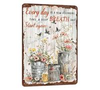 JIUFOTK Cartelli in metallo Ogni giorno è un n inizio, fai un respiro profondo e ricomincia, cartelli vintage floreali, cartelli in metallo retrò con colibrì in alluminio per casa, uffi 8x12 pollici