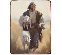 JIUFOTK Cartelli in metallo pasquali, Cristo, cartello retrò in latta per regali cristiani, Gesù e agnello in metallo per casa, bar, camera da letto, garage, 12x16 pollici