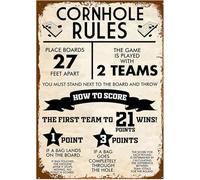 JIUFOTK Cartello con le regole del cornhole, cartello retrò vintage in metallo per giochi, cartello in latta, divertente, classico, decorazione da parete per tabellone del cornhole, 8x12 pollici