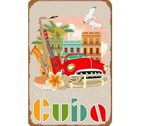 JIUFOTK Cartello in metallo Benvenuti a Cuba, Cuba, L'Avana, Caraibi, Retro, Arte, Pubblicità, Stampa, Cartelli in metallo vintage, Arte murale, Regalo per donne e uomini 8x12 pollici