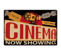 JIUFOTK Cartello in metallo con scritta Cinema - Poster da parete vintage con riproduttore cinematografico, cartello retrò ora in mostra per la decorazione della caverna dell'uomo, del s 8x12 pollici