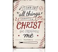 JIUFOTK Cartello vintage in metallo con ispirazione al baseball, posso fare tutto, Cristo mi rafforza, 8x12 pollici
