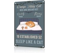 JIUFOTK Cartello vintage per interni ed esterni, con scritta Cat Metal Orange Tabby Cat Bed And Breakfast Sleep Like A Cat, 8x12 pollici