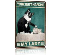 JIUFOTK Divertente cartello decorativo per bagno con gatto in smoking, il tuo sedere, tovagliolo, la mia signora, cartello in latta per donne e ragazze amanti dei gatti, regalo 8x12 pollici
