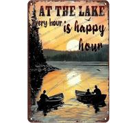 JIUFOTK Insegna in metallo At The Lake Happy Hour, 8x12 pollici, in latta vintage, per casa, cucina, giardino, cortile, ufficio.
