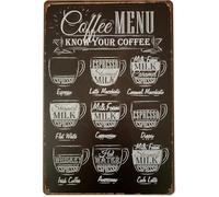 JIUFOTK Menù del caffè Conosci il tuo caffè Targa in metallo retrò da parete, poster da bar e pub, 5,5x8 pollici