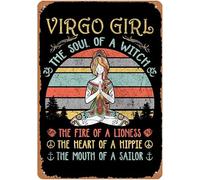 JIUFOTK Nuova targa in metallo retrò vintage con scritta Ragazza Vergine, l'anima di una strega, decorazione da parete per casa, bar, club, cucina, ristorante, 5,5x8 pollici