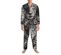 JIUFOTK Pigiama da Uomo Leopardato con Occhi Azzurri, Set da Notte con Bottoni, Set da Notte a Maniche Lunghe con Tasche