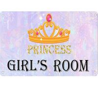 JIUFOTK Targa per cameretta da bambina con corona da principessa, in legno e metallo, con gemma e fiaba, targa per porta, con stella rosa e oro, da appendere alla cameretta dei bambini, 5,5x8 pollici