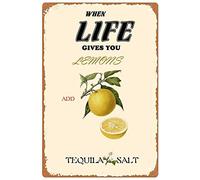 JIUFOTK Targhe in metallo vintage Limone quando la vita ti dà limoni, aggiungi sale e tequila, poster, bar, caffè, cucina, decorazione da parete in stile country. 8x12 pollici