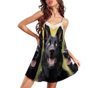 JIUFOTK Tre Cani da Pastore Neri, Camicie da Notte Casual da Donna con Spalline Sottili e Scollo a V in Pizzo, Vestaglie da Notte Pullover