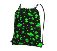 JIUFOTK Zaino casual con coulisse a tema alieni e pianeta verde, con tasca con cerniera, ideale per la palestra e l'uso quotidiano.